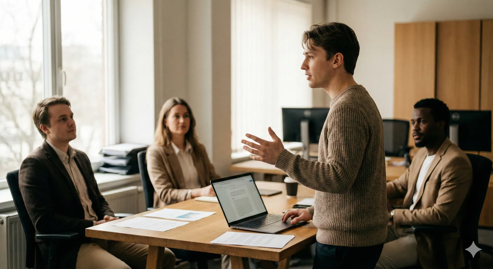 Two professionals reviewing work together at a desk